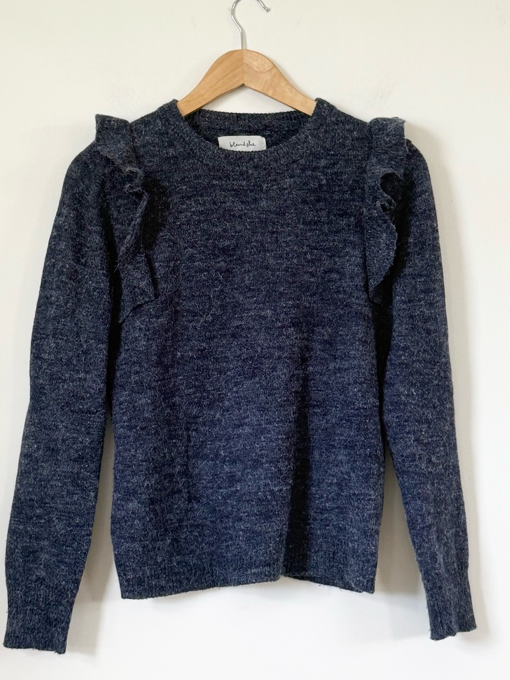 BlendShe Heathered Navy Fuzzy Knit Crewneck Sweater Small